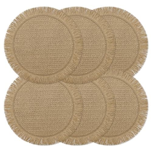 Image of fanquare Brown Placemats Set of 6 Handcraft Farmhouse Braided Place Mats for Table, Heat Resistant Wipeable Round Tablemats for Kitchen Home Dining 38cm