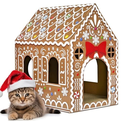Image of Cinrobiye Christmas Cardboard Cat House with Scratcher Pet Gingerbread Board Bed Cave Playhouse Hideaway Hideout Condo Decor Small Animals Scratch Box for Indoor Cats Kittens Rabbits Bunny (Brown, 1)