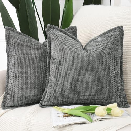 Image of Madizz Set of 2 Chenille Velvet Cushion Covers with Flange Soft Boho Textured Throw Pillow Covers Broadside Pillowcases Modern Farmhouse Home Decor for Sofa Bedroom Dark Grey 18x18 inch, 45x45 cm