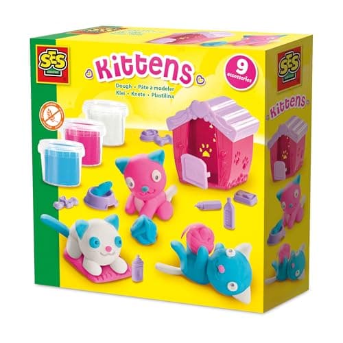 Image of SES Creative 00506 Dough Kitten Play Set - Shape Your Own Kittens with Gluten-Free Dough - Includes Cat House and Accessories - Safe and Creative Fun for Kids Aged 3+