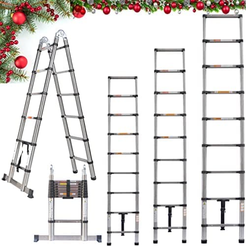 Image of 3.2M/10.5FT Telescoping Extendable Heavy Duty Stainless Steel Multi Purpose Loft Garden Roof Stair Ladder - Retractable with Safety Button, Adjustable Step, for Decorating, Painting