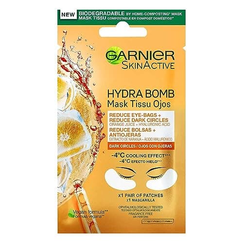 Image of Garnier Hyaluronic Acid and Orange Juice Tissue Mask, Hydrating Brightening Tissue Eye Sheet Mask Pack of 4