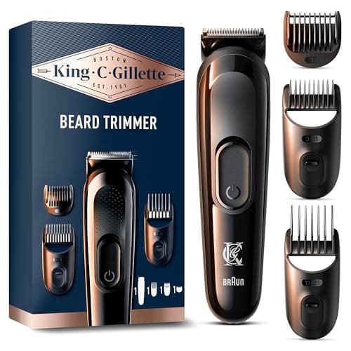 Image of King C Gillette Cordless Beard Trimmer for Men with 1 Trimmer, 5 Interchangeable Combs, 1 Cleaning Brush, 1 Charger, and 1 Zip Pouch