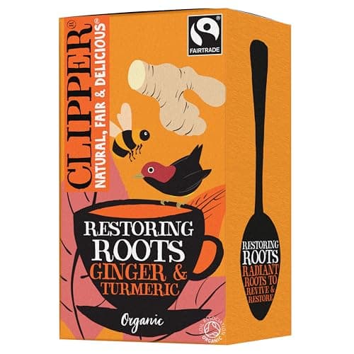 Image of Clipper Organic Restoring Roots Ginger & Turmeric Tea Bags | 20 Tea Infusions in Envelopes | Caffeine Free Teabags | Fairtrade Herbal Tea Bags | Natural, Unbleached Plant-Based & Biodegradable Sachets
