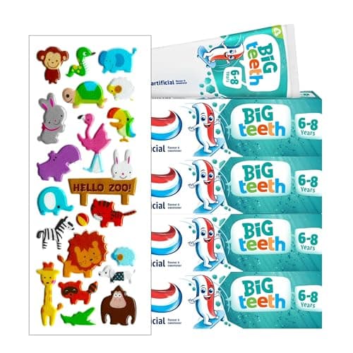 Image of 4 Pack Bundle - Big Teeth Age 6-8 Years (4X 50ml). A Hadco Bundle with a Puffy Sticker Sheet Included (Stickers Chosen at Random) Kids Toothpaste.