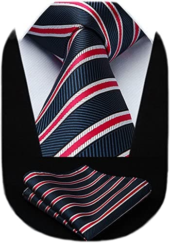 Image of HISDERN Striped Wedding Tie Handkerchief Men's Necktie & Pocket Square Set (Navy Blue & Red)