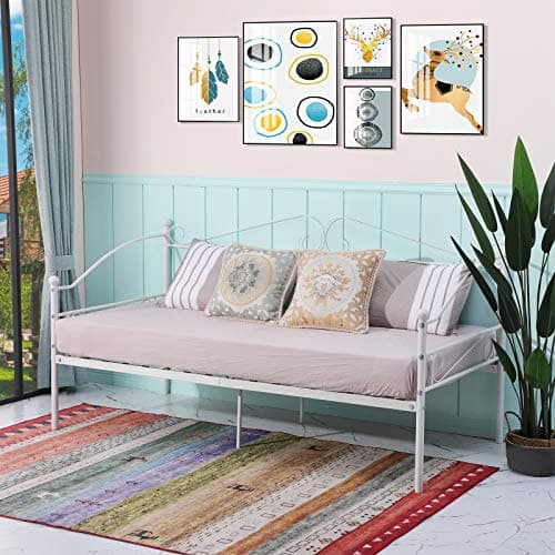 Image of FURNITABLE 3FT Single Day Bed Metal Frame Guest Sofa Bed Daybeds Fits for 90 * 190 cm Mattress, White
