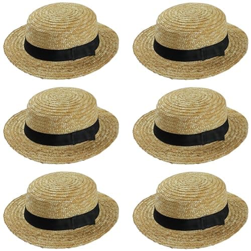 Image of 6 X STRAW BOATER HATS FANCY DRESS ACCESSORY HAT WITH BLACK BAND & BOW BARBER SHOP SCHOOL GIRL EASTER BONNET ST TRINIANS BULK