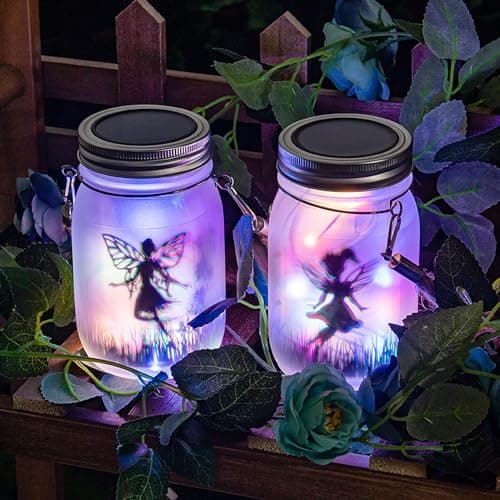 Image of 2 Pack Solar Jar Lights, Fairy Lantern Lights Hanging Decorative Lamp for Garden, Table, Yard, Patio, Lawn (Multicolored)