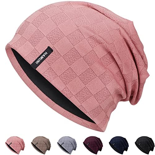 Image of HAMUNI Slouch Beanie Hat for Men Women, Thin Light Weight Jacquard Knitted Beanie Skull Cap Soft Hat Slouchy Baggy Beanie for Unisex, Flexible Classic Hip-Hop Winter Summer Hat (Coral Pink)