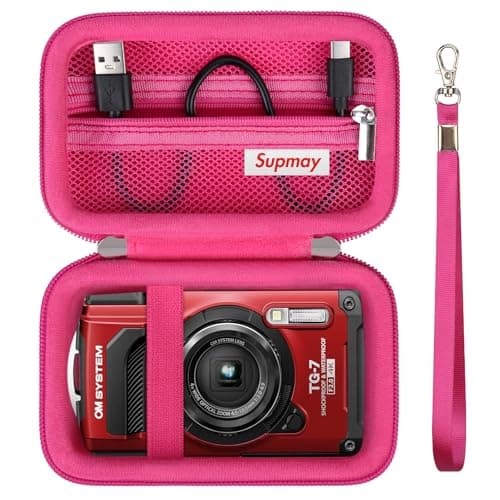Image of Supmay Hard Carrying Case for OM System Tough TG-7 Red Digital Camera/Olympus Tough TG-6 Waterproof Camera, Travel Case with Zipper Mesh Pocket for USB Cable, SD Card, Battery, Rose Red