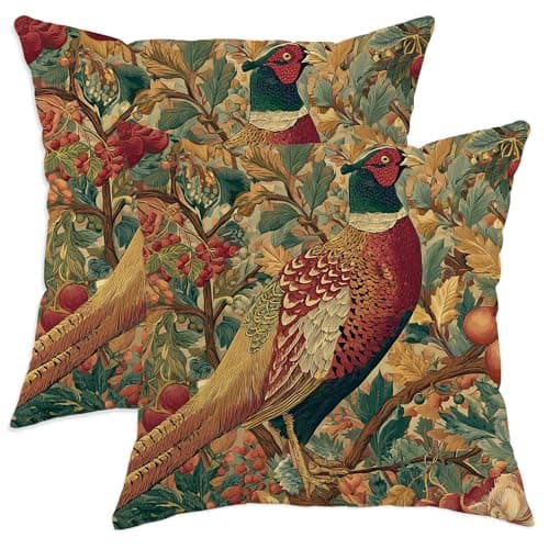 Image of Autumn Decorative Pillow Covers Set of 2, Colorful Pheasant and Foliage Print Cushion Cases, Rustic Farmhouse Decor for Living Room Sofa Bed 18x18 Inch