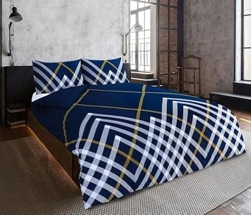 Image of Charlotte Andersen Maxwell Geo Check Double Duvet Set Reversible Easy Care Polycotton Navy Blue Geometric Bedding (Navy, Double)