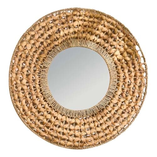 Image of Dibor Round Wall Mirror Natural Woven Water Hyacinth Rustic Boho Bohemian Mid-Century Modern Style Living Room Bedroom Hallway Mirrors 65cm