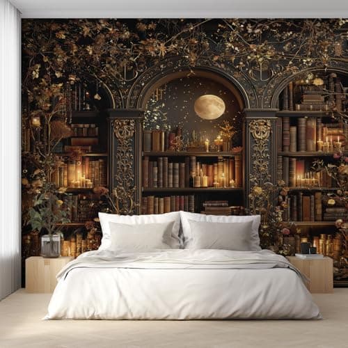 Image of Vintage Bookshelf Wallpaper, Bookcase Library Wall Mural for Living Room, Bedroom, Non-Woven Wall Papaer Decoration, Photo Wallpaper & Home Decor, 350x256 cm (WxH) K-MZ&7