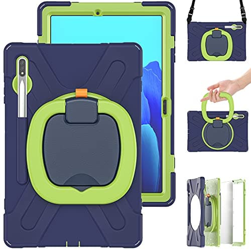 Image of for Samsung Galaxy S7 Plus 12.4 Inch 2020 SM-T970/T975/T976 Shockproof Kids Case,360 Degree Rotating Handle Stand Bracket Heavy Duty Rugged Cover,[Kickstand] [Shoulder Strap],NavyBlue+Green