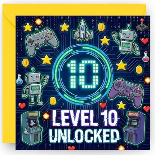 Image of 10th Birthday Card Gift for Boys and Girls – Gamer Themed Design – Happy 10 Years Old Birthday Greeting Card – with Vibrant Yellow Envelope - Size 14cm