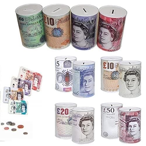 Image of 1 X Sterling Bank Note MONEY TIN -Sterling Piggy Bank, Coin Tin, Cash, Saving, Money Box, Birthday Money, Holiday & Christmas Fund (1 RANDOM Tin)