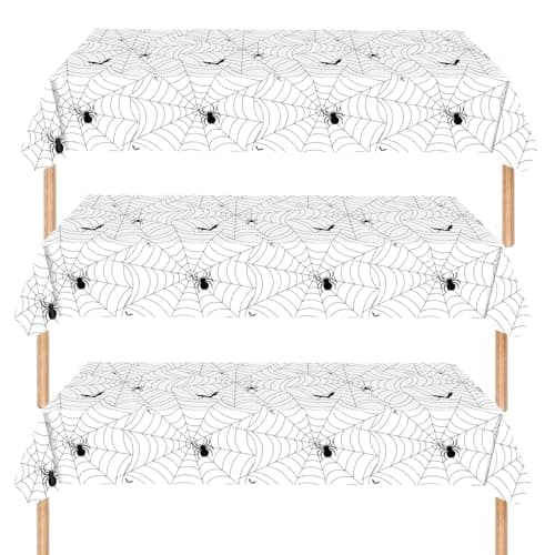 Image of 3Pcs 137*274cm Halloween Spider Web White Tablecloth Decorations for Halloween,Disposable Party Table Cloth Party Table Covers Dining Tablecover for Indoor or Outdoor Birthday,Halloween Picnic Party