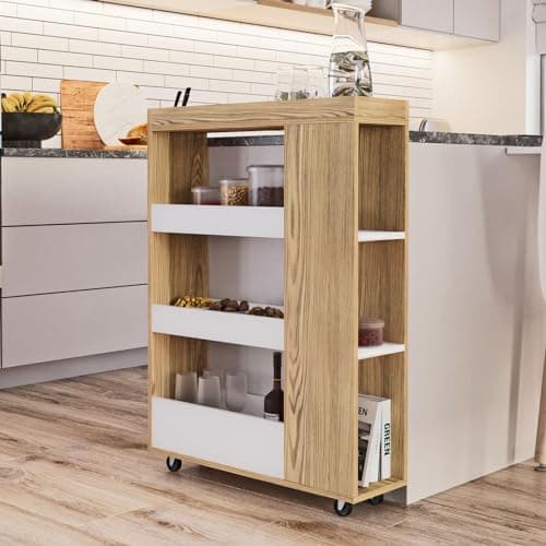 Image of URBNLIVING 4 Tier Slim White & Oak Wooden Rolling Portable Kitchen Trolley Cart Veg Storage