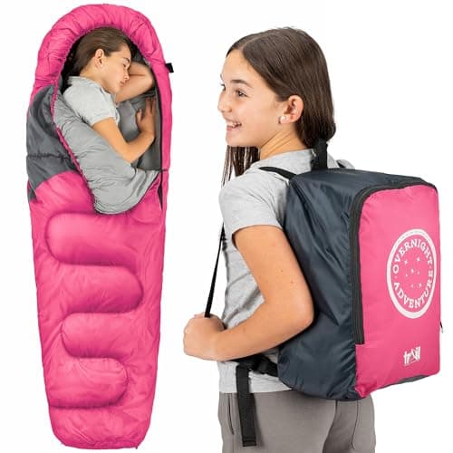 Image of Trail Kids Sleeping Bag Mummy Shape 3 Season Camping 300gsm Boys Girls with Lightweight Rucksack Bag (Pink)