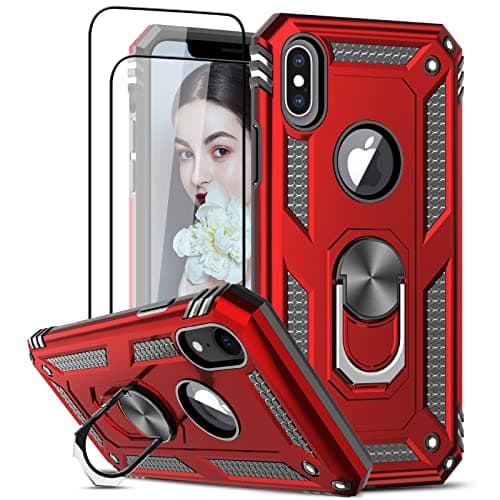 Image of LeYi for iPhone X Case/iPhone XS Case and 2 Tempered Glass Screen Protector,Ring Holder Military Grade Protective Shockproof Tough Silicone Hard Phone Cover for iPhone X/XS 5.8'' Red