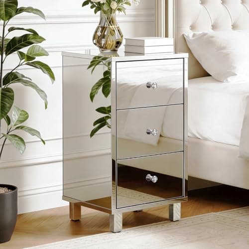 Image of Karl home Mirrored Bedside Table, Slim Nightstand Side End Table with 3 Drawers, Crystal Handles, Mini Cabinet Storage Unit for Bedroom, Hallway, Living Room, Small Space (Silver)