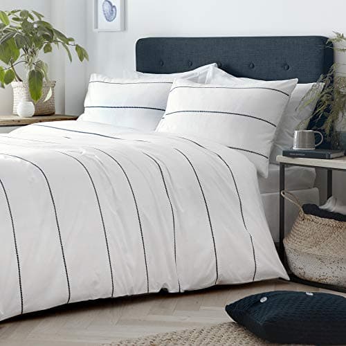 Image of Appletree Signature Salcombe 100% Cotton Embroidered Chevrons Duvet Cover Set, White/Navy, Double