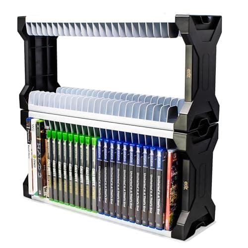 Image of ADZ Universal Game Holder – 46 Game Storage Tower Rack for PS2 PS3 PS4 PS5 PSP Xbox 360 Xbox One Series X Wii Switch Games DVD and Blu-Ray Disks. Includes 2 Controller Mounts (White)