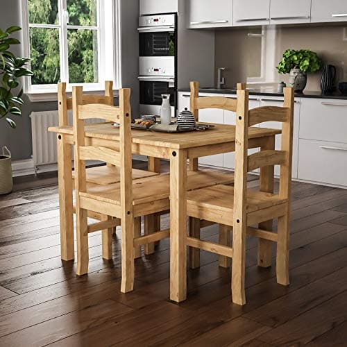 Image of Vida Designs Corona 4 Seater Dining Set | Solid Pine Wood | Dining Room Complete Set | 74.8H x 100W x 70D cm | with 4 Dining Chairs | Rustic Country Farmhouse Style