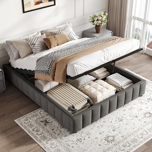 Image of Merax 4FT6 Double Ottoman Storage Bed Frame, Upholstered Hydraulic Lift Linen Bed, No Headboard Double Bed Frame with Channel Tufted Design, Heavy Duty Metal-Wood Support, Grey (No Mattress)