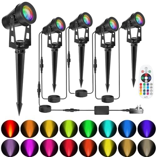 Image of HUAEU RGB Garden Spotlights Mains, 14 M, 4-in-1 Outdoor LED Spotlight, Warm White, 3000 K, 12 V, IP65 Waterproof Garden Uplighter, Landscape Floodlight for Patio, Party, Outdoor, Trees, Lawn