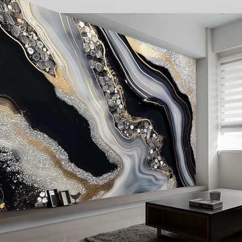 Image of 3D Wall Mural Marble Black and White Stripe Geometry Print Photo Wallpaper, Black and Gold Non-Woven Wall Mural Decoration Poster Picture Design Modern 200 x 140 cm Mural for Living Room Kids Bedroom