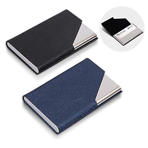 Image of homEdge Business Card Holder, Slim Professional 2 Packs PU Leather+Stainless Steel Business Card Case for Traveling and Business-Black and Blue