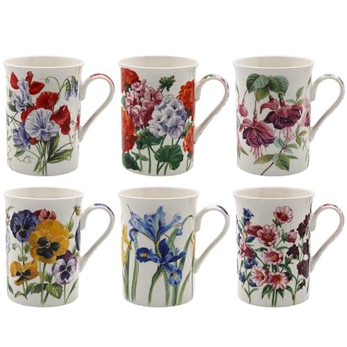 Image of Tamersgifts Fine China Floral Mugs, 300ml Capacity, Set of 6, Assorted Garden Flower Designs (6 Botanical Garden Mug Set)