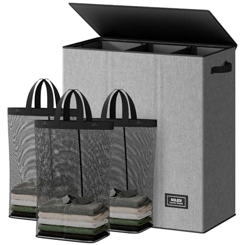 Image of SOLEDI Laundry Basket 3 Section 160L Laundry Hamper with Lid Clothes Hamper Collapsible Washing Basket Bag, Foldable Washing Bin for Bedroom, Laundry room, Livingroom (Grey)