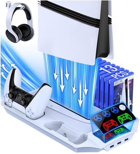 Image of HEYLICOOL Accessories for PS5/Pro/Slim Stand with 3 Level Cooling Fan, Dual Fast Controller Charging Station-Accessories for Playstation 5 with 3 USB Hubs &13 Game Storage