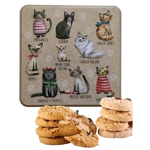 Image of Embossed Biscuit Tin Gift Set | Stem Ginger & Lemon and Clotted Cream Chocolate Chip Shortbread Biscuit Gift | Valentines Day, Birthday Gift, Thank You Gifts | Mothers Day (Cats in Jumper)