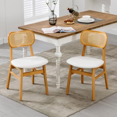 Image of Ya-Home Rattan Dining Chairs Set of 2 Retro Comfort Padded PU Leather Kitchen Chairs with Wooden Legs for Dining Room, White