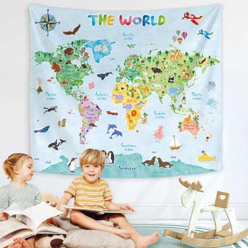 Image of BASHOM TP-001 Large Animal World Map Tapestry Kids Tapestries Wall Hanging for Bedroom Living Room Dorm Art Home Decor Polyester 60x50 inches (150x130cm)