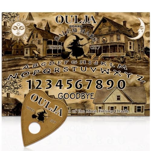 Image of WEBEEDY Retro Witch City Spirit Board with Planchette, Wooden Talking Boards Sun and Moon Divination Board Game Halloween Decor Pendulum Boards Decision Maker Pendulum Party Witchcraft Supplies Gift