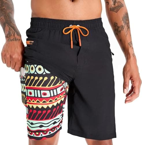 Image of APTRO Swimming Shorts Men Swim Trunks with Compression Liner 2 in 1 Quick Dry Beach Summer 9'' Board Shorts with Zipper Pockets Colourful Symbol MK283 XL