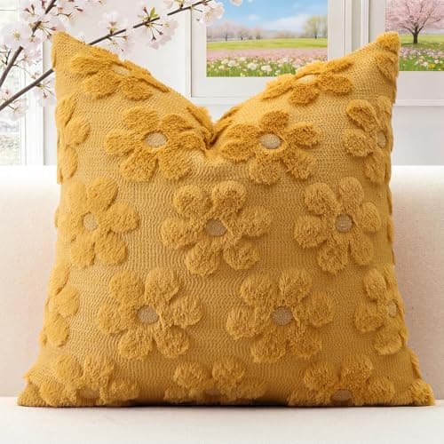 Image of Artscope Spring Summer Cushion Cover Set of 1 Flowers Throw Pillow Cover for Sofa 40x40cm Square Seasonal Soft Plush Short Wool Velvet Cushion Case Holiday Decor Mustard Yellow