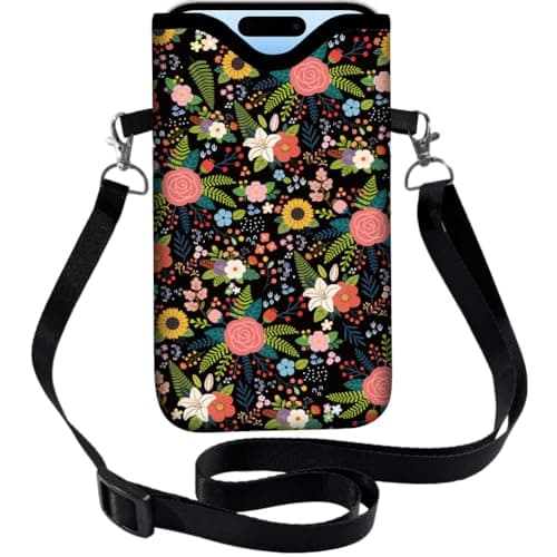 Image of PRESSINART Floral Neoprene Phone Sleeve Pouch with Adjustable Strap Neck Lanyard Fits Most Smartphones, Phone Sleeve Cute Waterproof Crossbody Carrying Cellphone Case Bag for Women 7.1 x 3.9 Inch