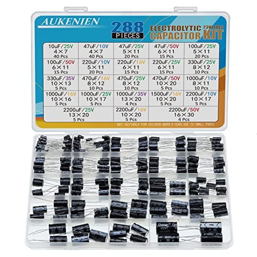 Image of AUKENIEN Electrolytic Capacitor Kit 23 Values 288pcs Aluminum Industrial Electrical Radial Capacitors Assortment Set from 10uF to 2200uF 10V 16V 25V 35V 50V Capacitadores