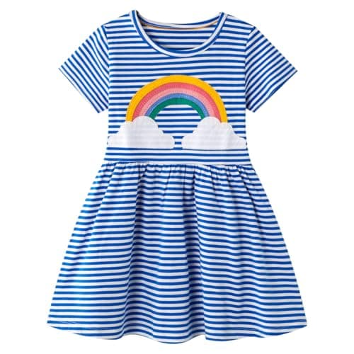 Image of Baogaier Girls Dress Cotton Short Sleeve Soft Rainbow Blue White Stripe Dresses Casual Elegant T-Shirt Applique Round Neck Birthday Party Princess Dress Kids Clothes 3-4 Years