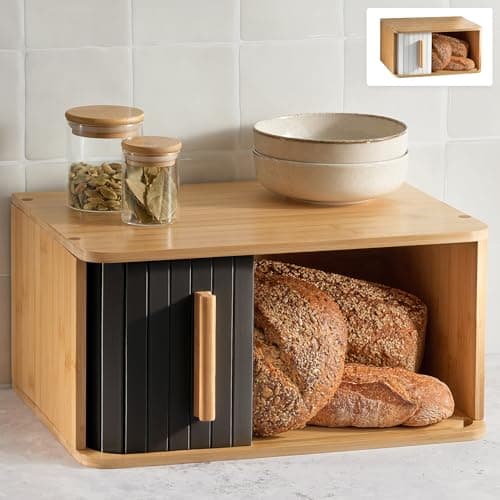 Image of Praknu Large Bread Bin – FSC® Wooden Bread Box with Sliding Door for Kitchen – Preserves Freshness for Longer – Space Saving Design – Black