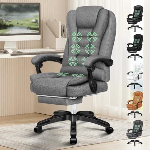 Image of ELFORDSON Executive Office Chair with 8-Point Massage & Seat Heated, Home PC Gaming Chairs with Footrest, High Back 150° Reclining Executive Desk Chair with Padded Armrest, Linen, Grey