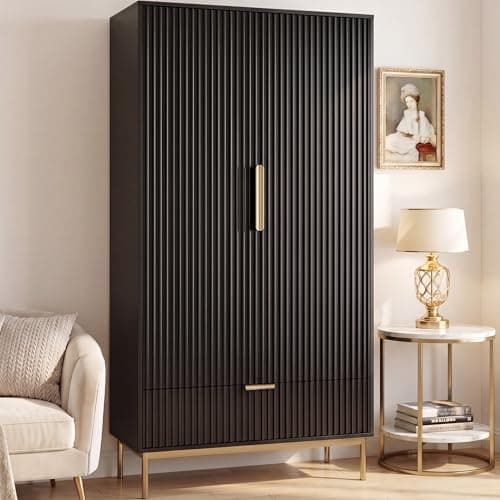 Image of Blisswood Fluted 2 Door Wardrobe with Drawer – Modern Painted Bedroom Wardrobe with Hanging Rail, Freestanding Double Door Storage Cupboard with Metal Handles & Raised Legs, 90 x 55 x 180 cm Black