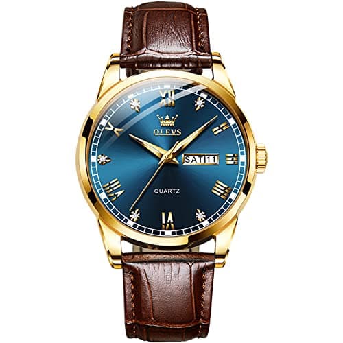 Image of OLEVS Mens Watches Big Face Brown Leather Strap Analog Quartz Watches for Men Roman Numeral Blue Dial Diamond Mens Watch Fashion Casual Quartz Waterproof Luminous with Day Date Watch for Men